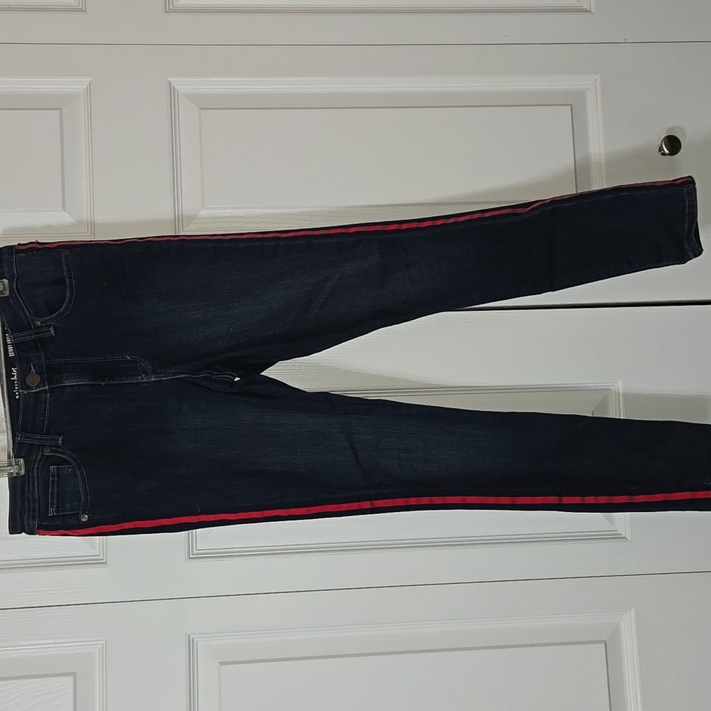 Blue Jeans with Red & Blue Ribbon Down Leg Seem, Stretch Denim 6/28, Like New